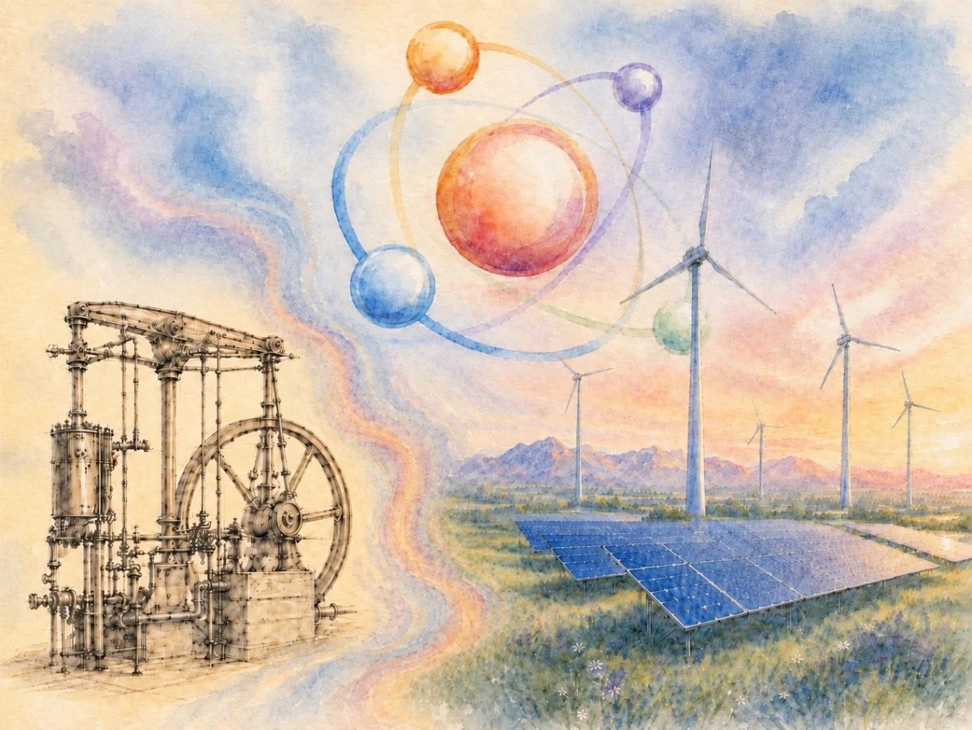 Watercolour illustration: a historic steam engine in the foreground, wind turbines and solar panels in a landscape behind it
