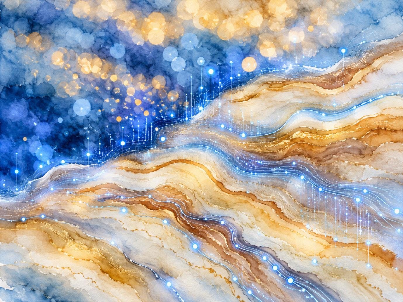 Abstract watercolour illustration of blue and gold streams of light
