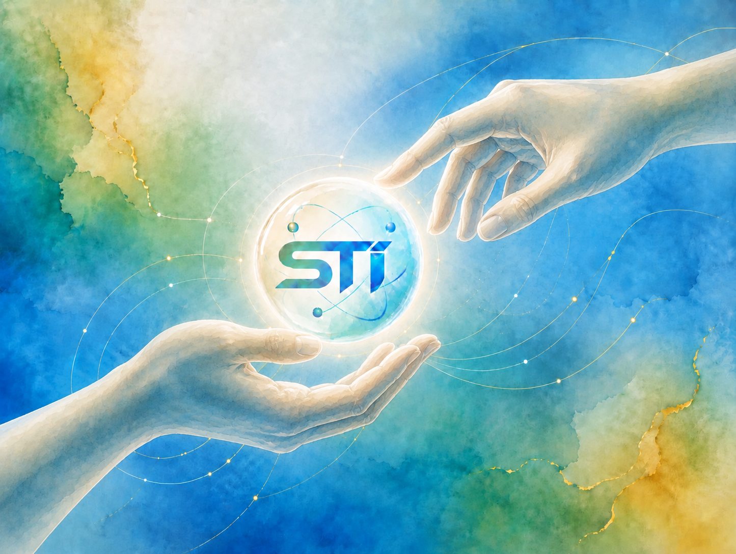 رسم بالألوان المائية: يدان تتبادلان كرة متوهجة تحمل شعار STI