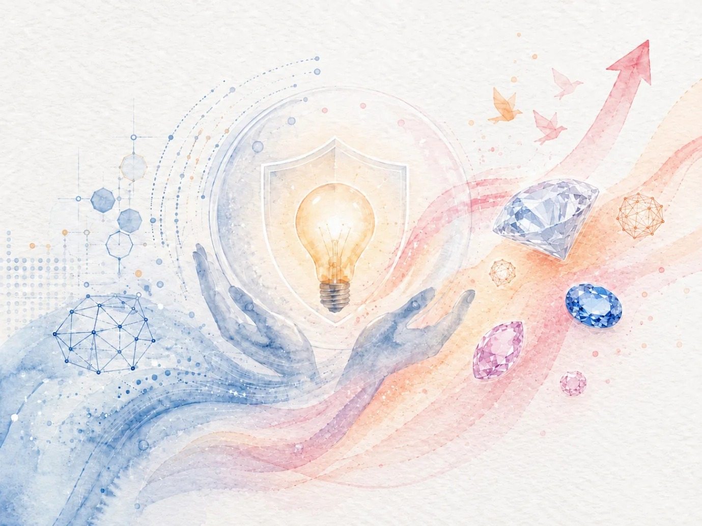 Watercolour illustration: a light bulb inside a protective shield, held by hands, with gems and an upward arrow
