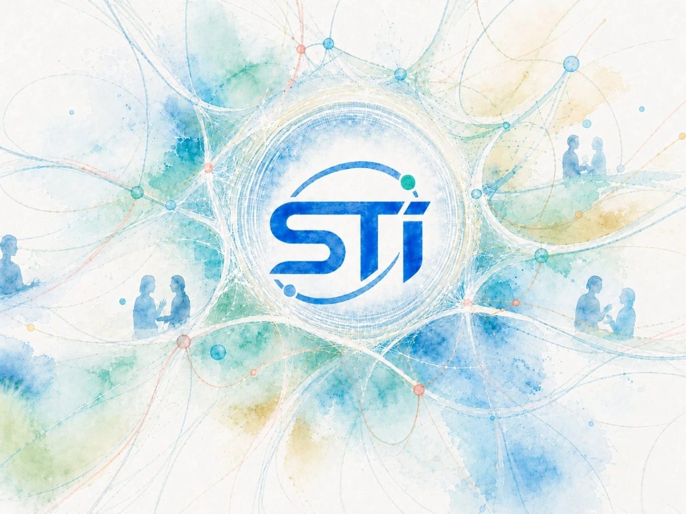 Watercolour illustration: the STI logo at the centre of a network of people in conversation