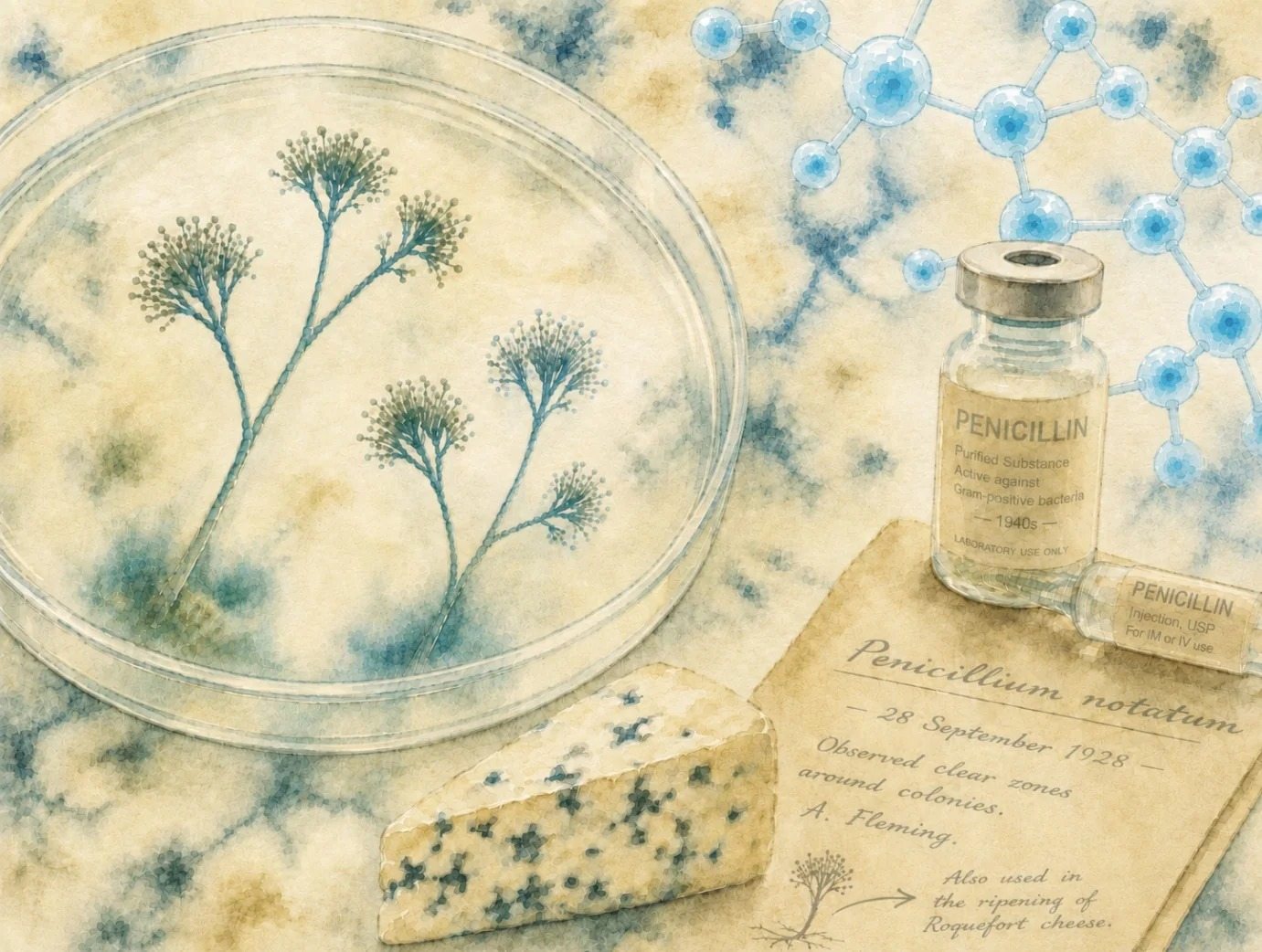 Watercolour illustration: a Petri dish with mould, a penicillin bottle and handwritten laboratory notes dated 1928