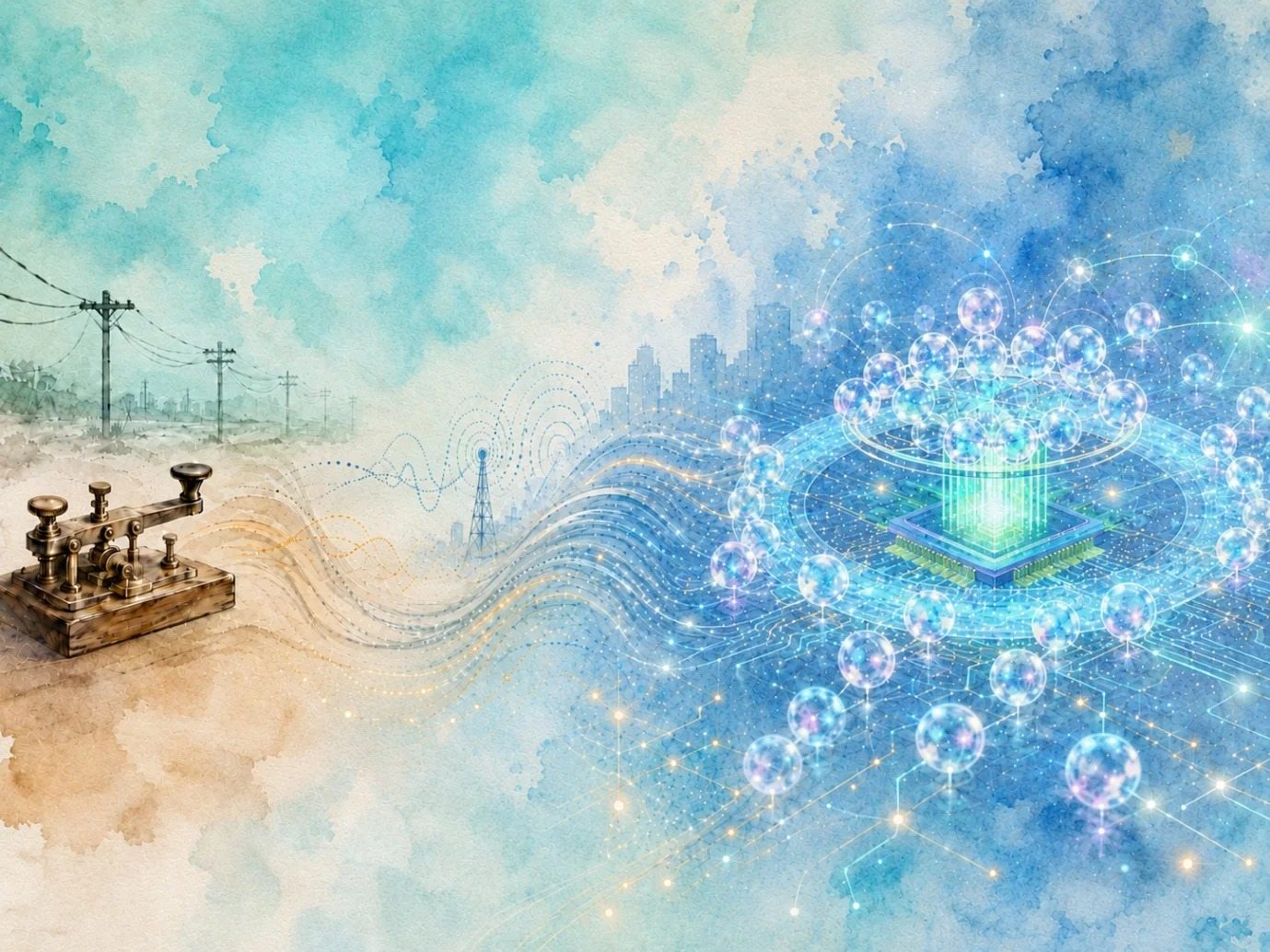Illustration: a telegraph key whose signal turns into a glowing network of data above a city