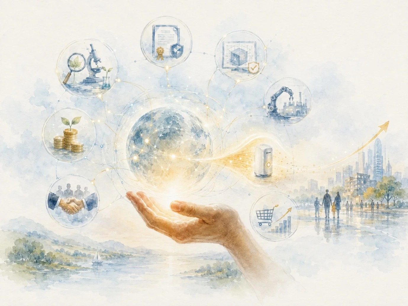 Watercolour illustration: an open hand below a glowing sphere surrounded by symbols of research, finance, partnership and industry, with a city in the distance