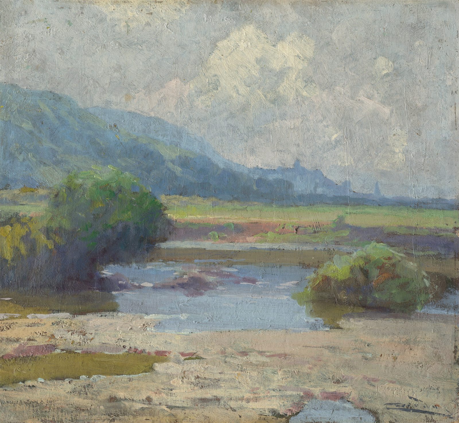 Painting of a summer river landscape with fields near Košice