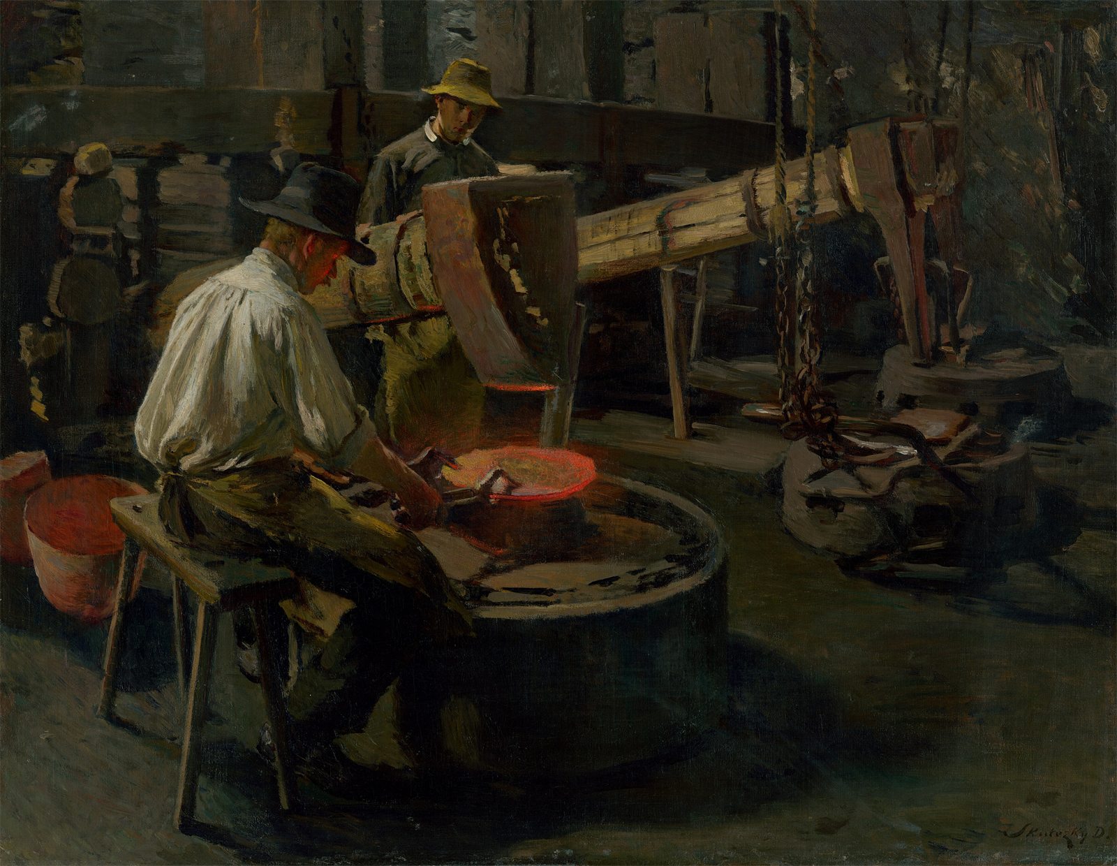 Painting of metal workers forging a glowing boiler part in a workshop, around 1908