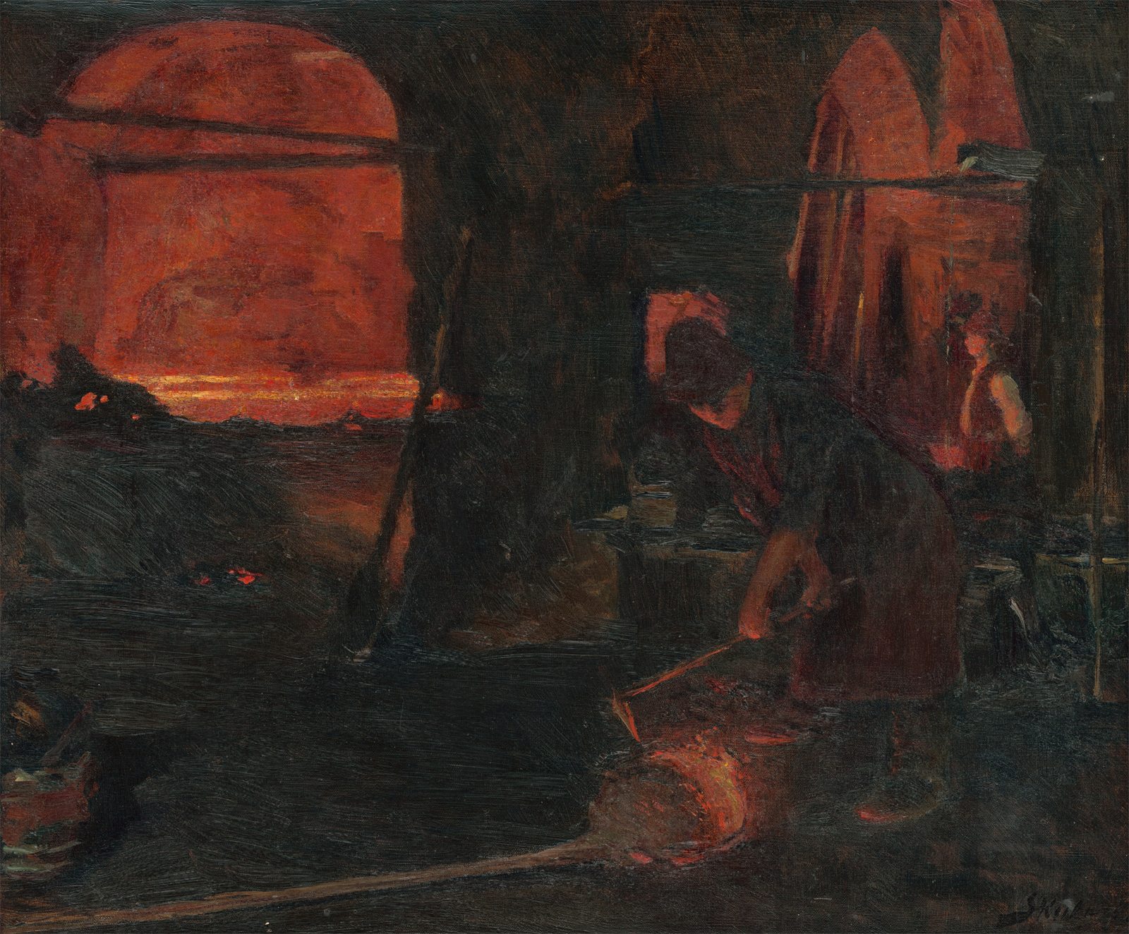 Painting from 1910: workers at a water-driven hammer mill shaping glowing iron in a dark forge