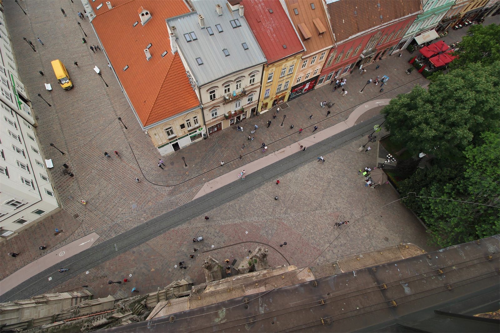 View from the cathedral tower over the main street of Košice with colourful historic houses