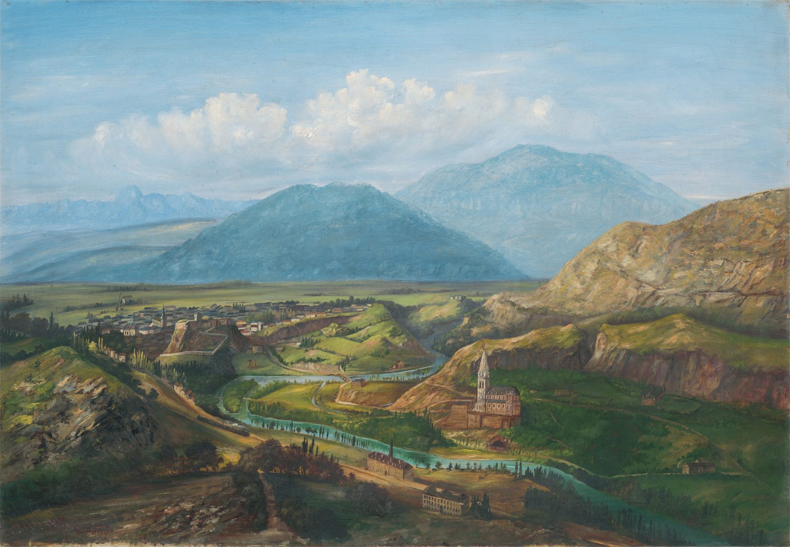 Landscape painting of a valley with mountains, painted by Jozef Murgaš in 1885