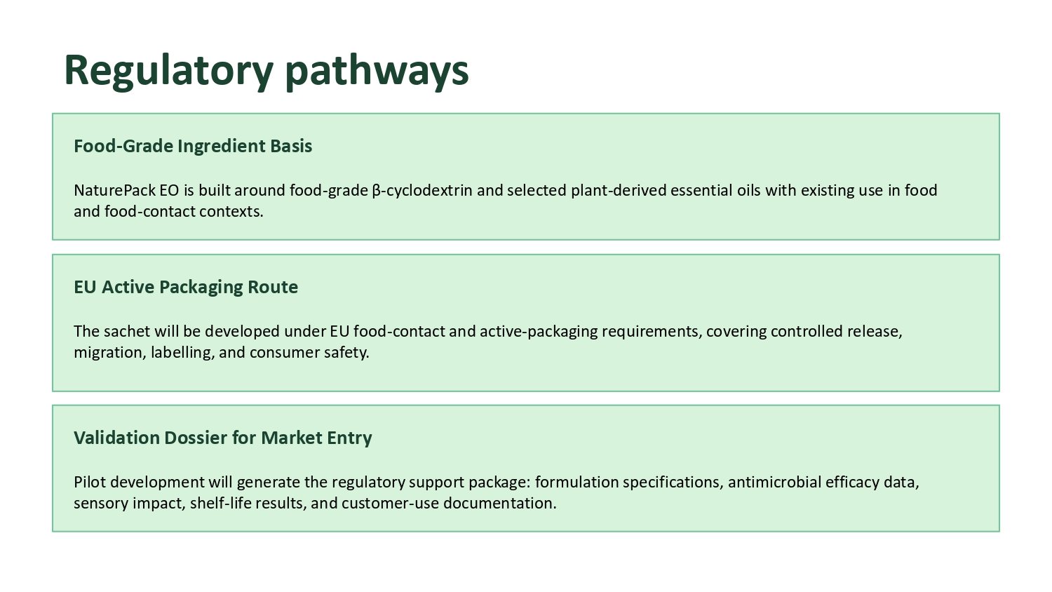 NaturePack EO presentation, slide 5: Regulatory pathways