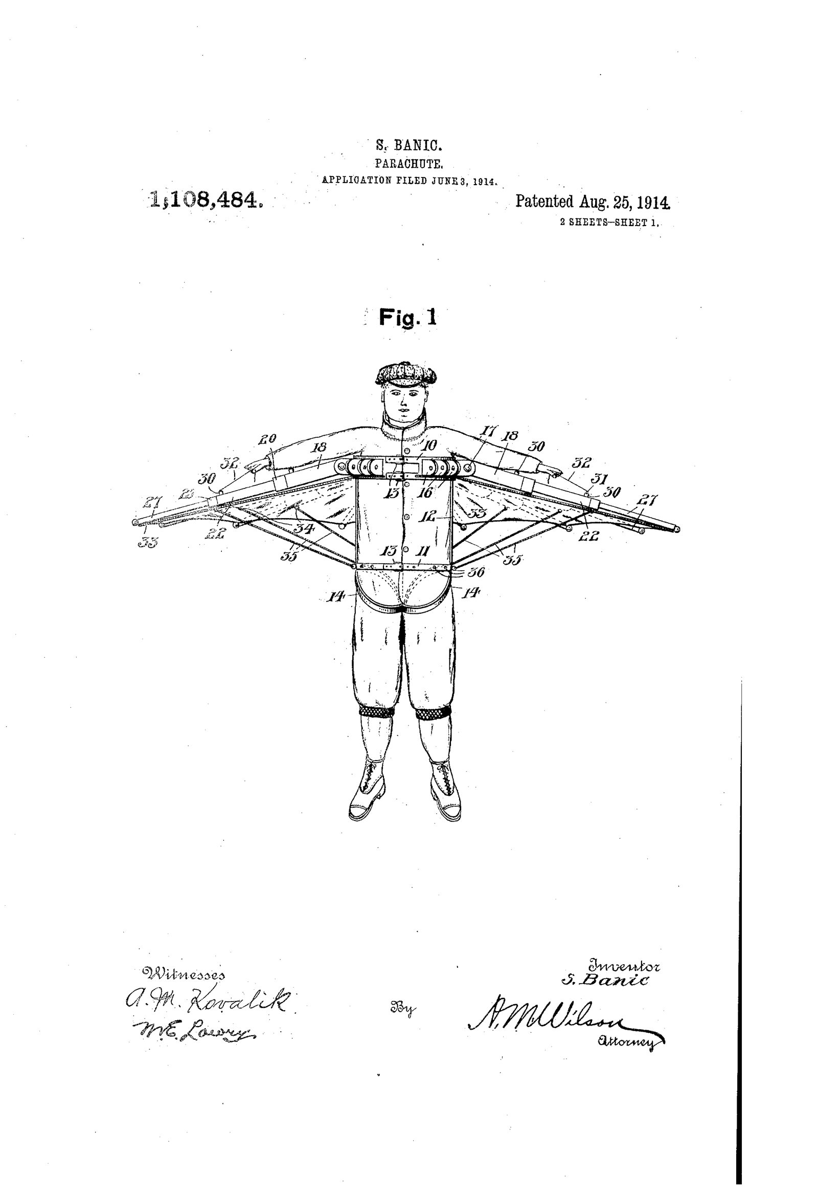 Patent drawing of Štefan Banič's parachute, worn by a man, 1914