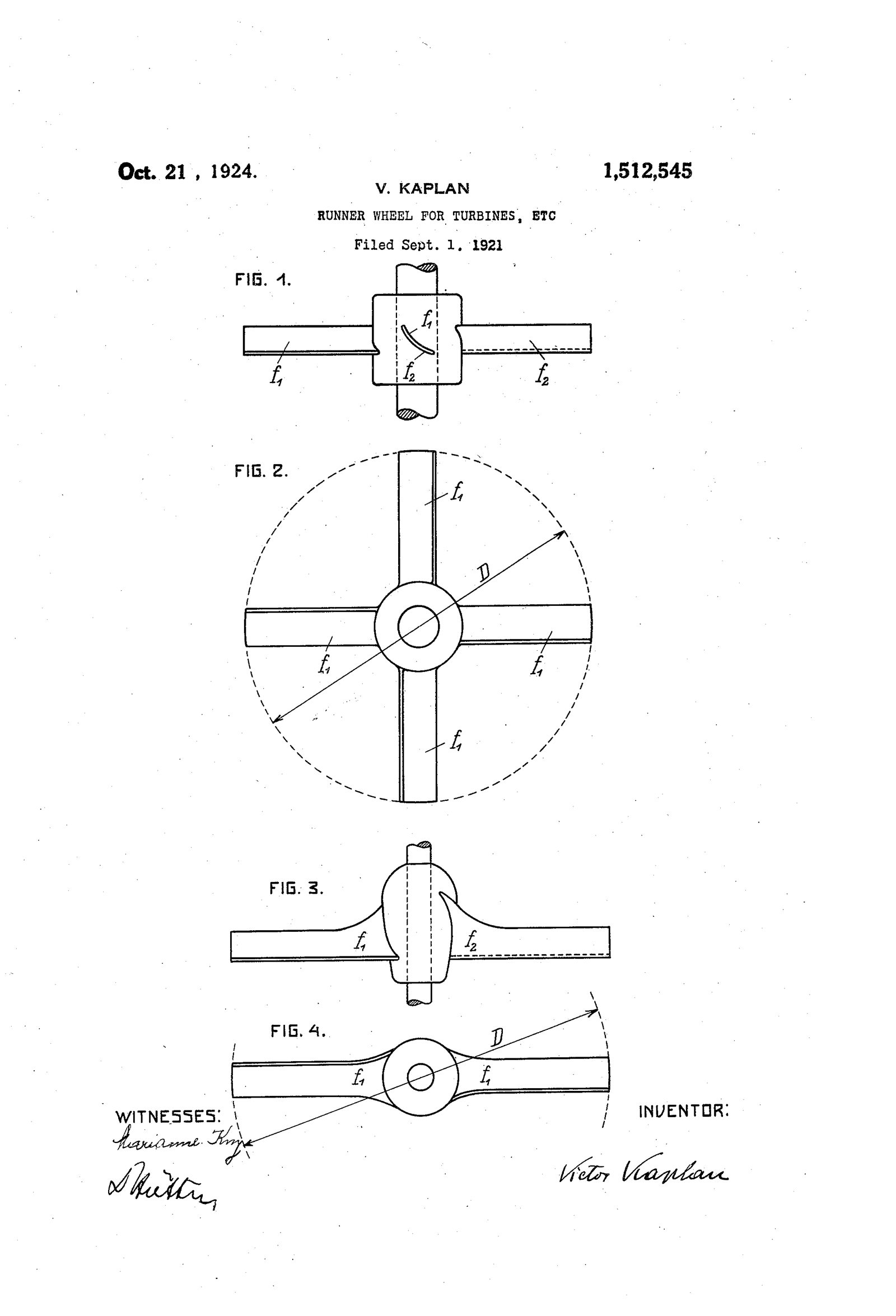 Patent drawing of Viktor Kaplan's turbine runner wheel, 1924