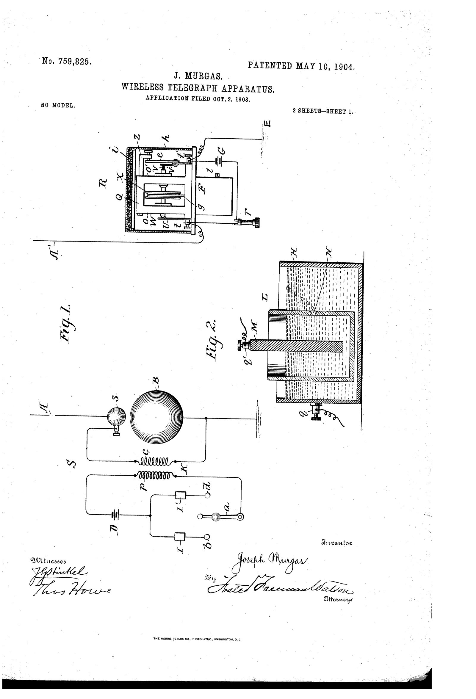 Patent drawing of Jozef Murgaš's wireless-telegraph apparatus, 1904