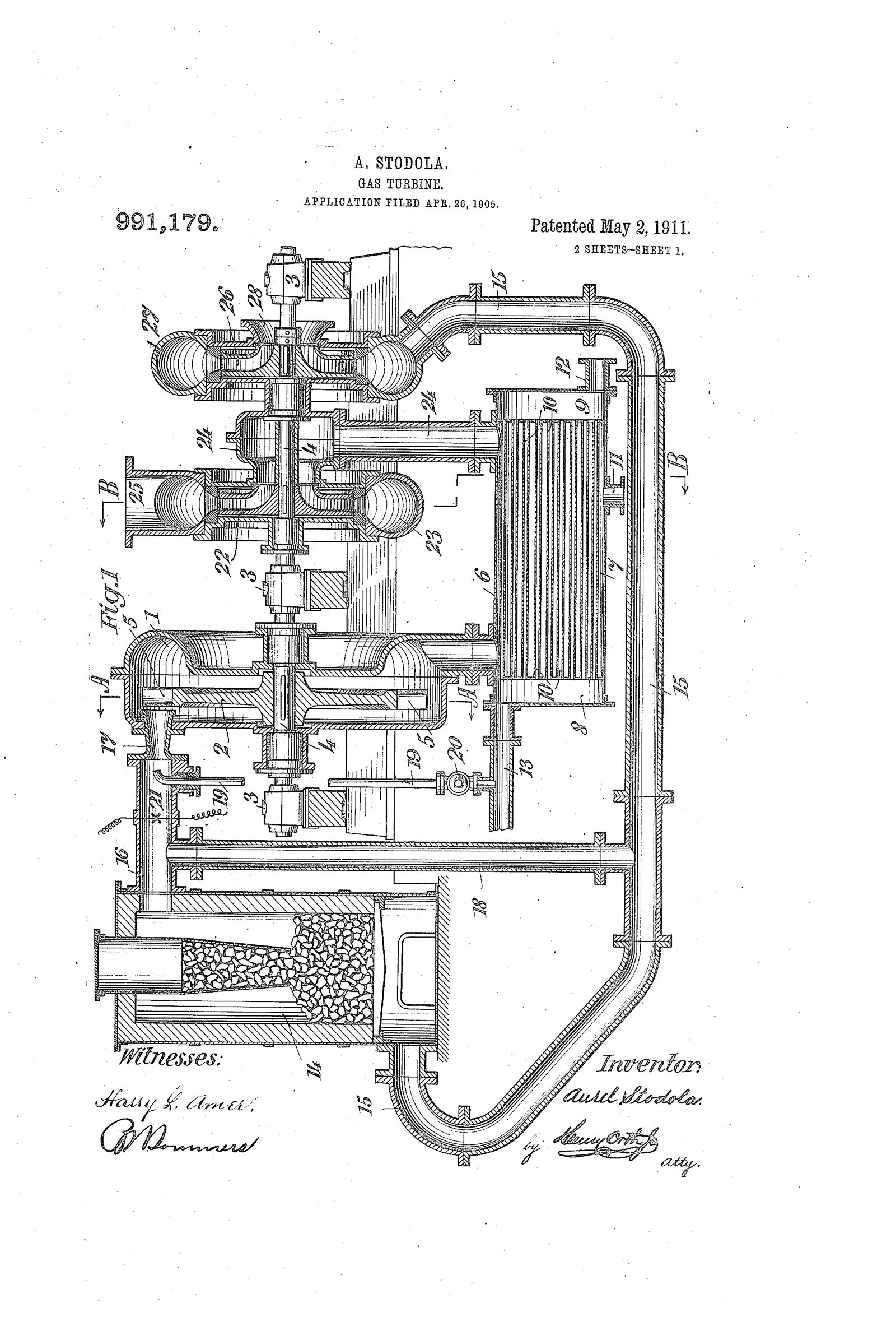 Patent drawing of Aurel Stodola's gas turbine, 1911