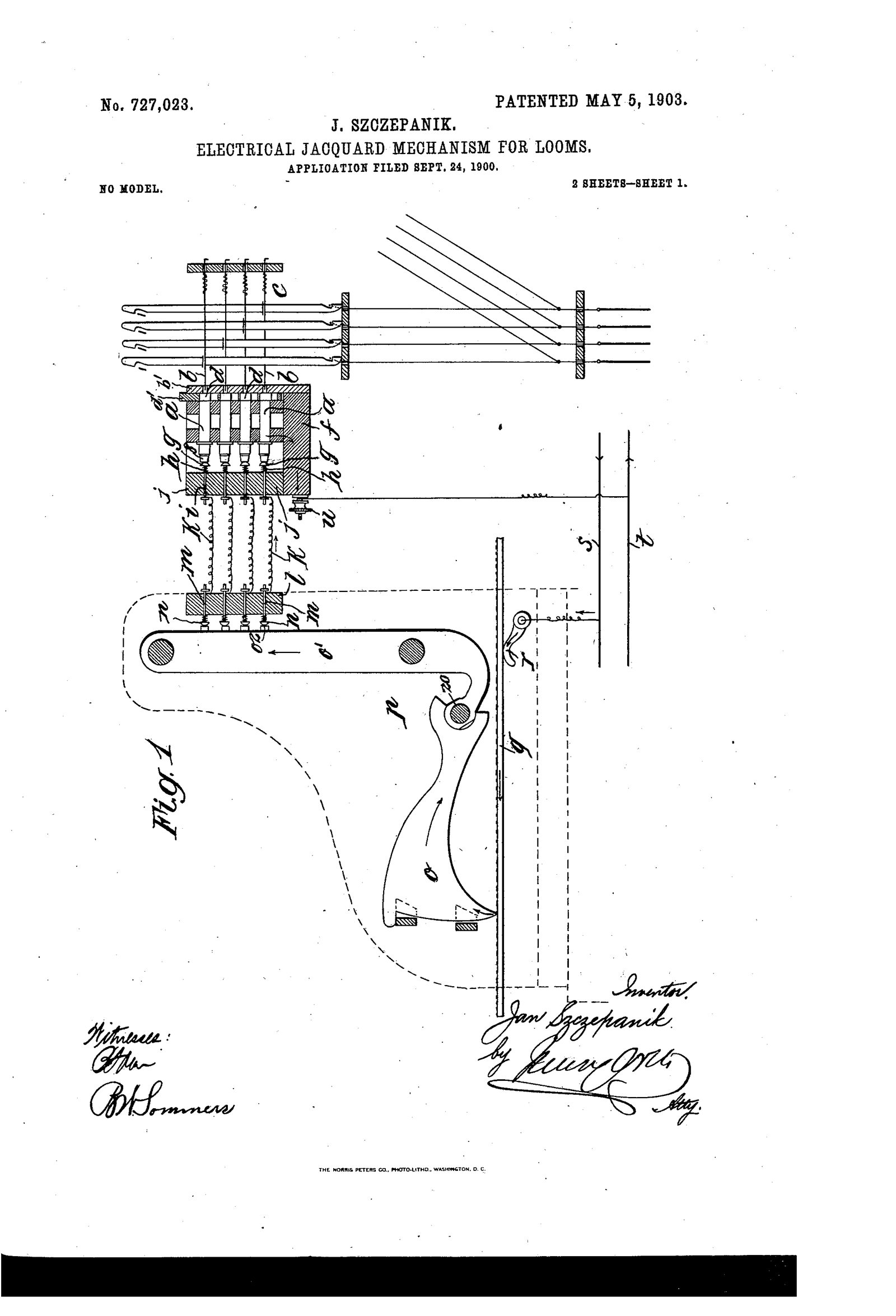 Patent drawing of Jan Szczepanik's electrical jacquard mechanism for looms, 1903