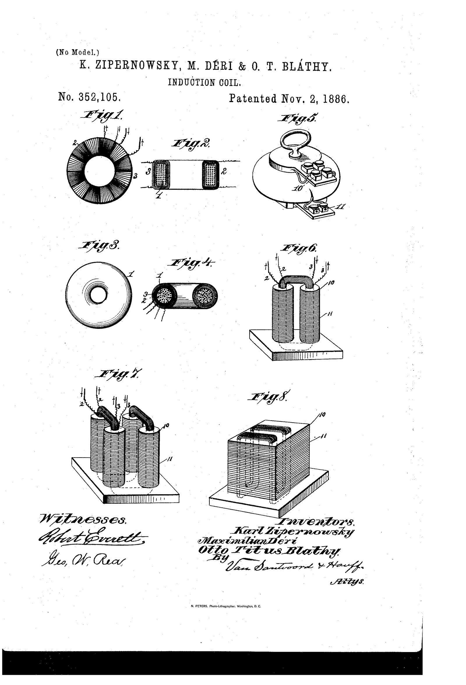 Patent drawing of the Zipernowsky–Déri–Bláthy transformer, 1886