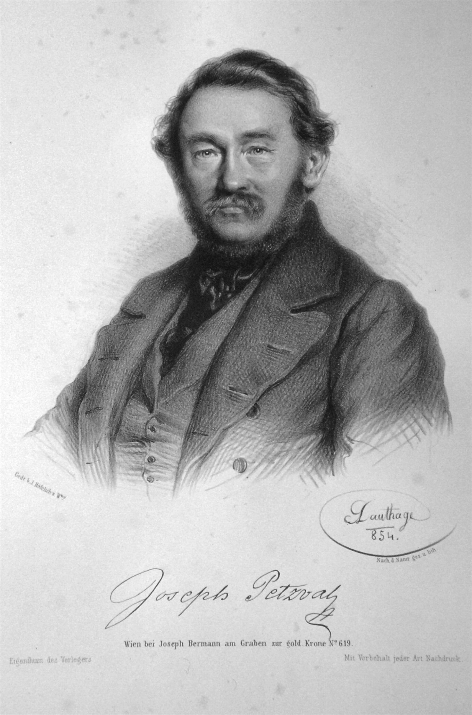 Lithograph portrait of Josef Petzval, 1854